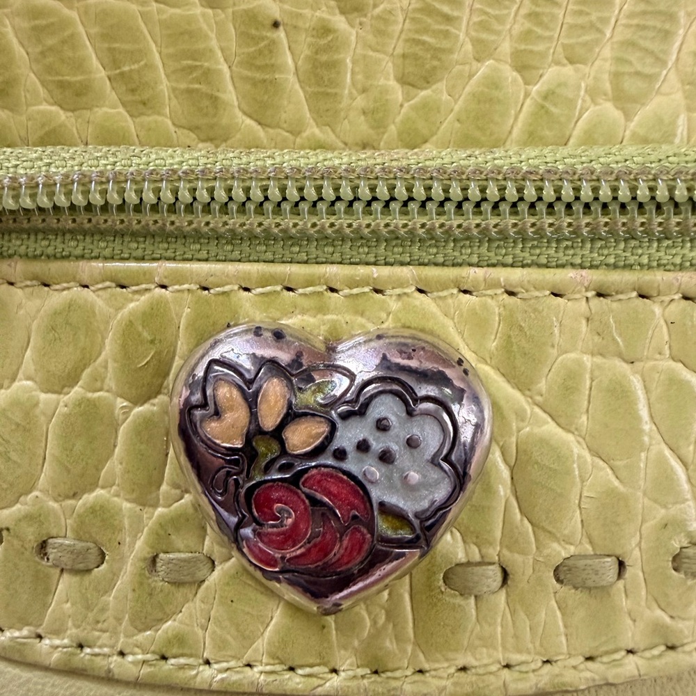Brighton Lime Green Leather Crossbody Bag Multi Zip Purse w Floral Heart Detail - Picture 9 of 9
